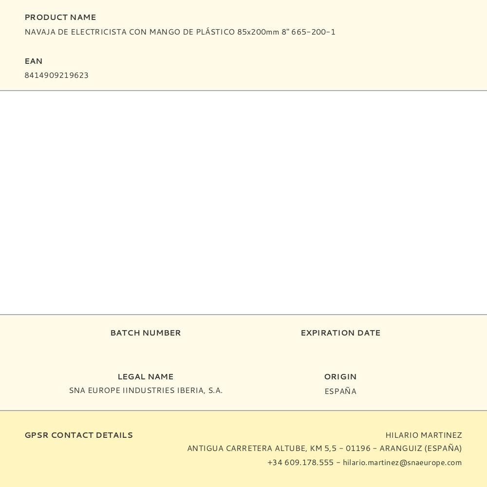 NAVAJA DE ELECTRICISTA CON MANGO DE PLÁSTICO 85x200mm 8" 665-200-1 gallery 1