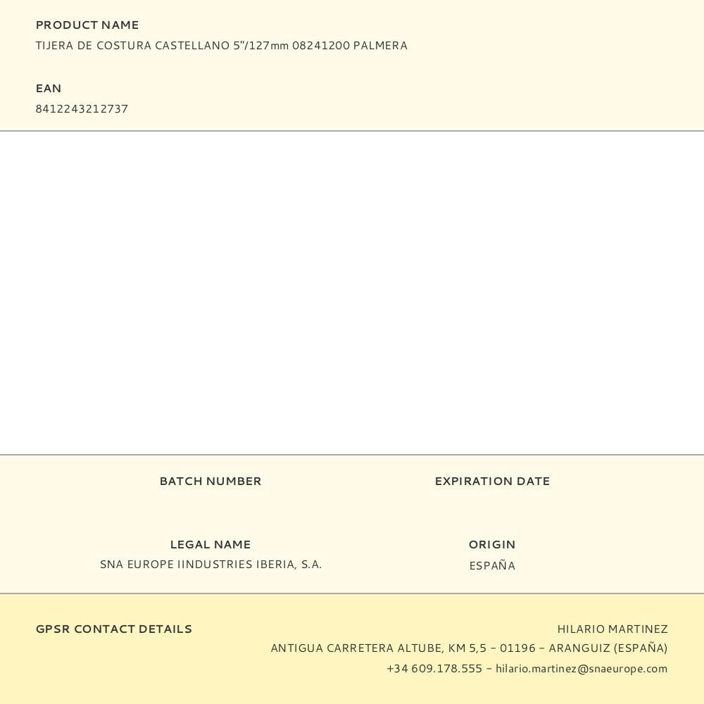 TIJERA DE COSTURA CASTELLANO 5"/127mm 08241200 PALMERA gallery 1