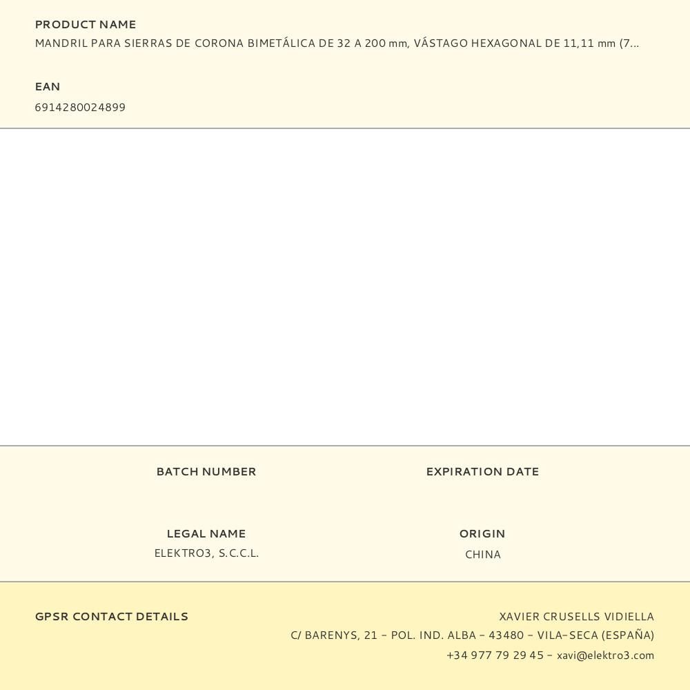 MANDRIL PARA SIERRAS DE CORONA BIMETÁLICA DE 32 A 200 mm, VÁSTAGO HEXAGONAL DE 11 mm - 7/16 pulg gallery 1