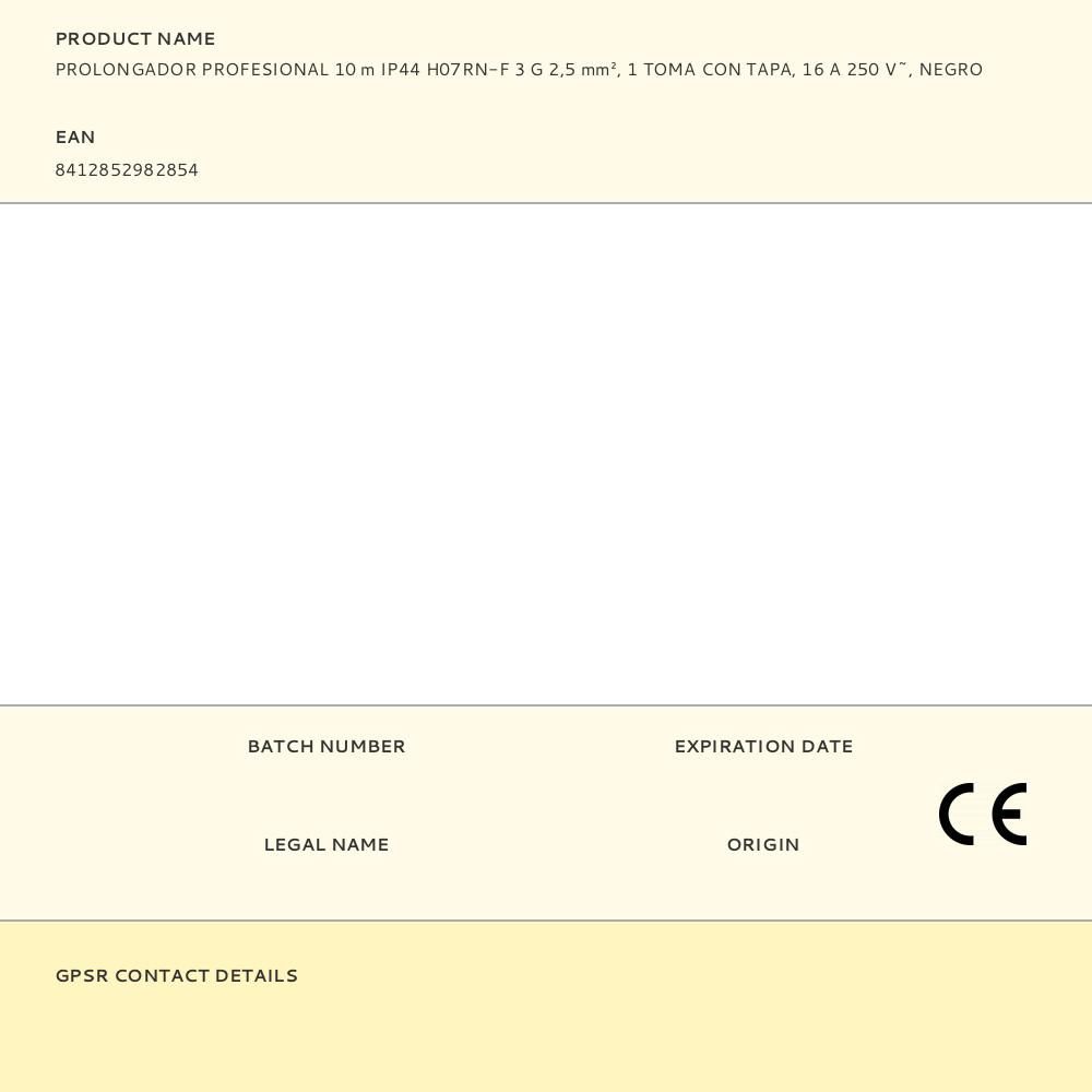 PROLONGADOR PROFESIONAL 10 m, IP44, H07RN-F 3 G 2,5 mm², 1 TOMA CON TAPA, 16 A 250 V~, NEGRO gallery 5
