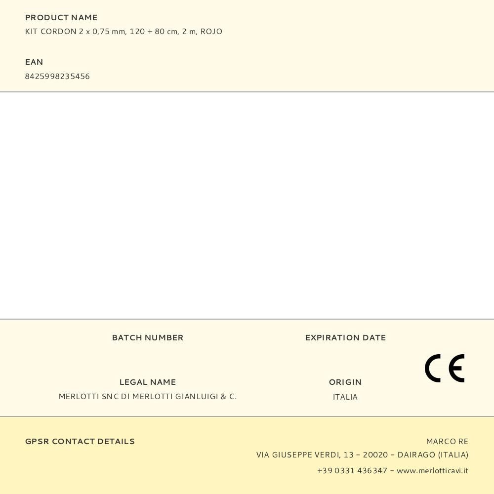 KIT CORDON 2 x 0,75 mm, 120 + 80 cm, 2 m, ROJO gallery 0