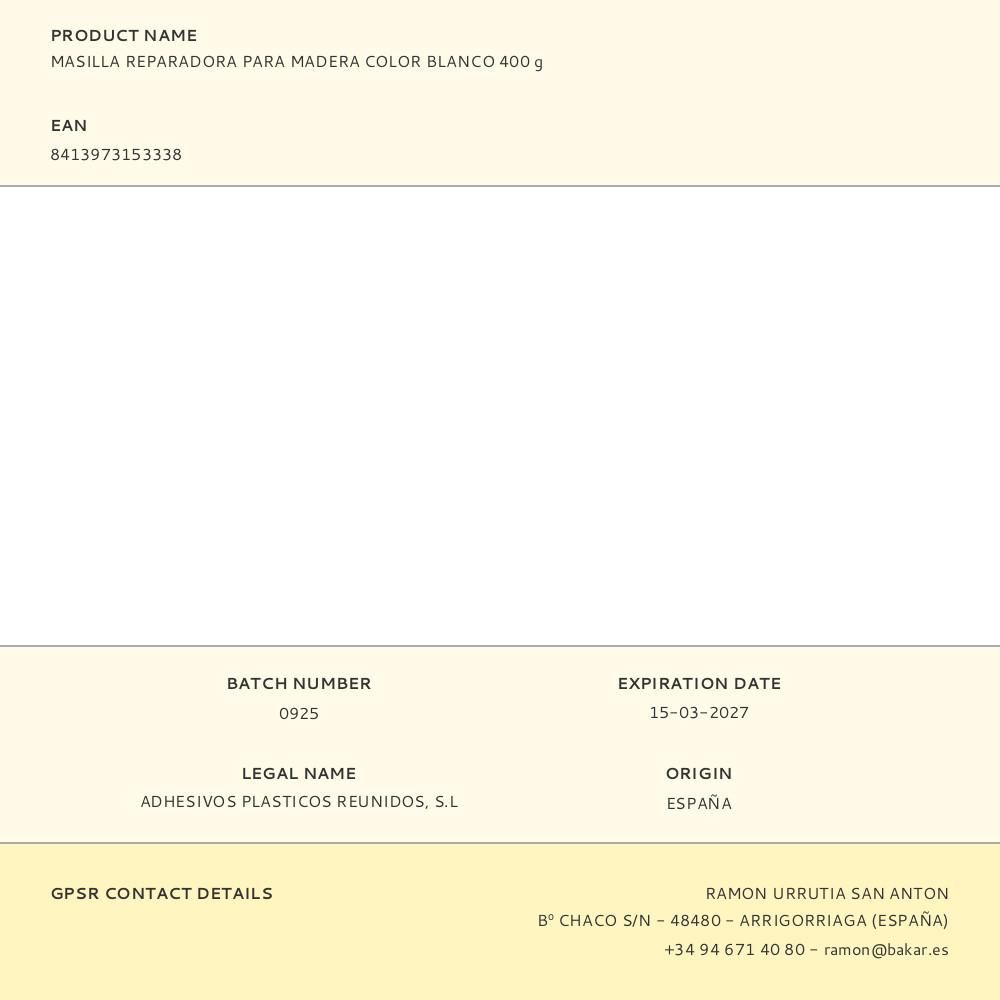 MASILLA REPARADORA PARA MADERA COLOR BLANCO 400 g gallery 0