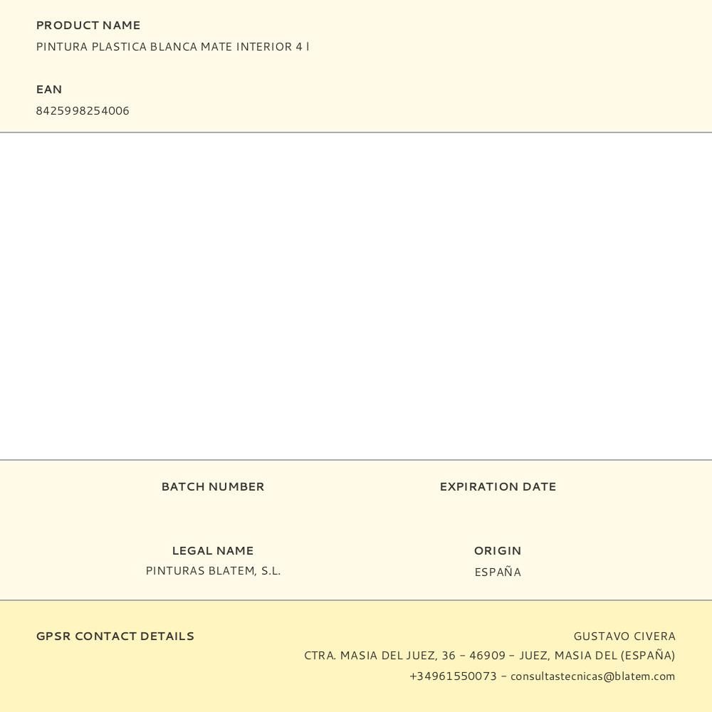 PINTURA PLÁSTICA VINÍLICA INTERIOR BLANCA MATE 4 l gallery 0