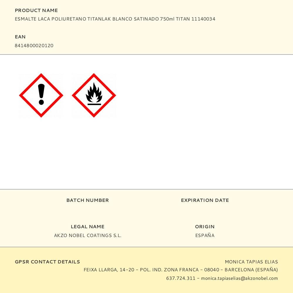 ESMALTE LACA POLIURETANO TITANLAK BLANCO SATINADO 750 ml gallery 0