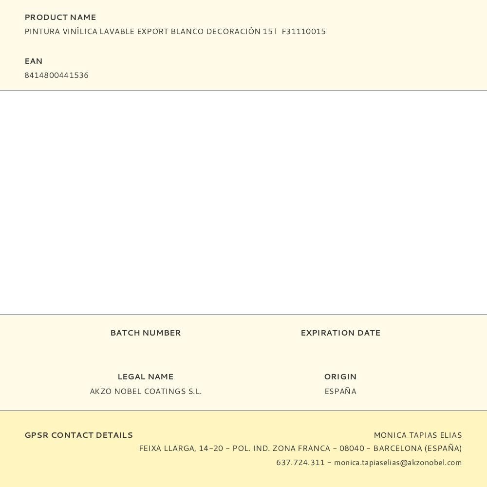 PINTURA PLÁSTICA VINÍLICA VEOVA INTERIOR ECO LAVABLE EXPORT BLANCO MATE 15 L gallery 0