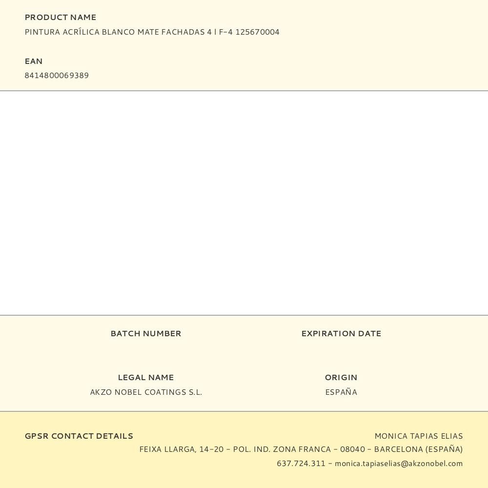 PINTURA PLÁSTICA ACRÍLICA ESTIRENADA INTERIOR/EXTERIOR FACHADAS BLANCO MATE 4 L gallery 0