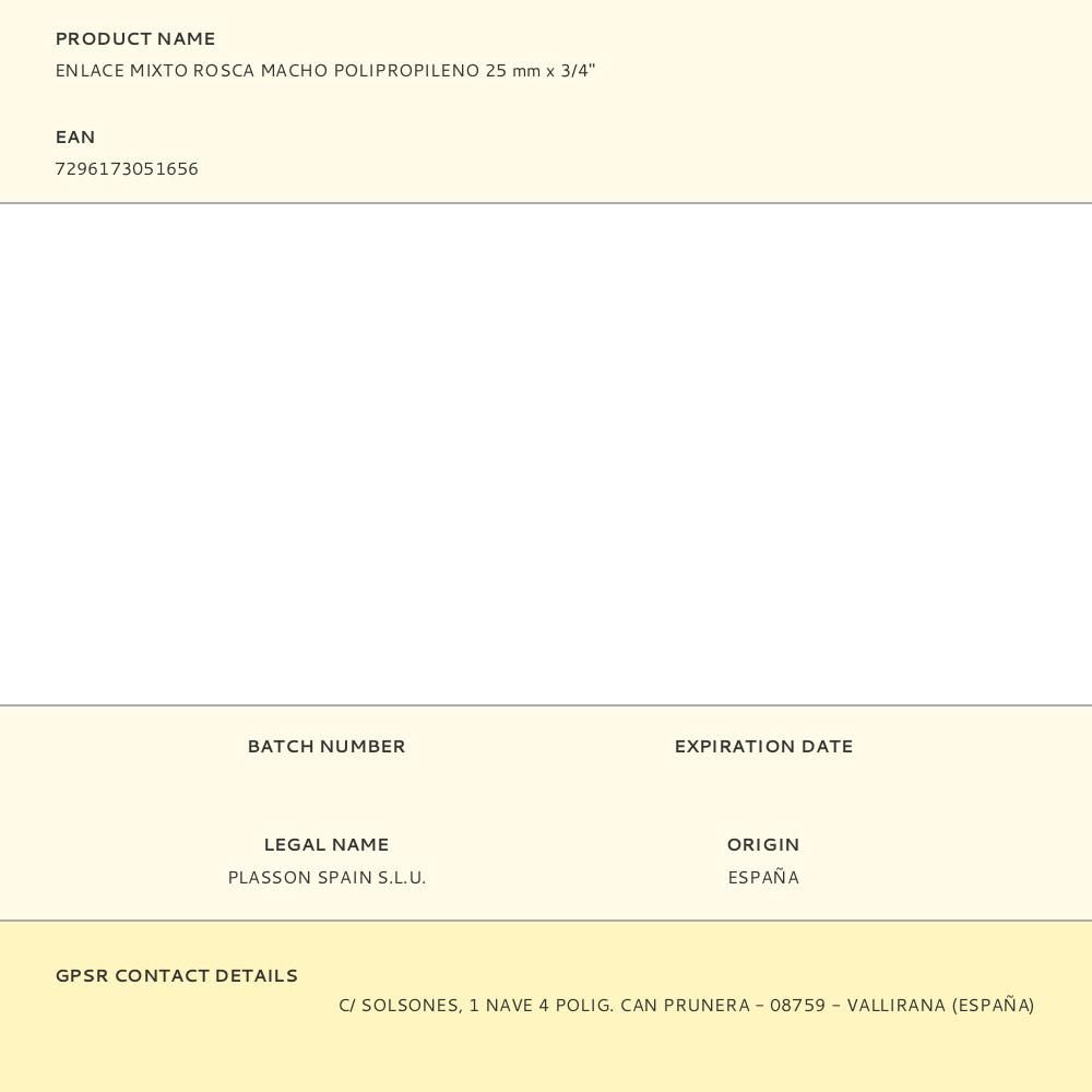 ENLACE MIXTO ROSCA MACHO POLIPROPILENO 25 mm x ¾ pulg gallery 0