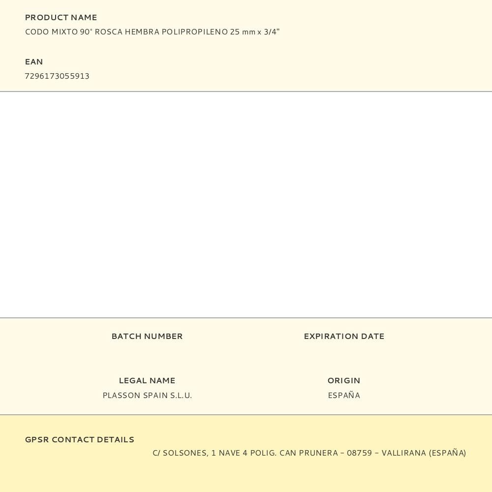 CODO MIXTO 90° POLIPROPILENO ROSCA HEMBRA 25 mm x ¾ pulg gallery 0