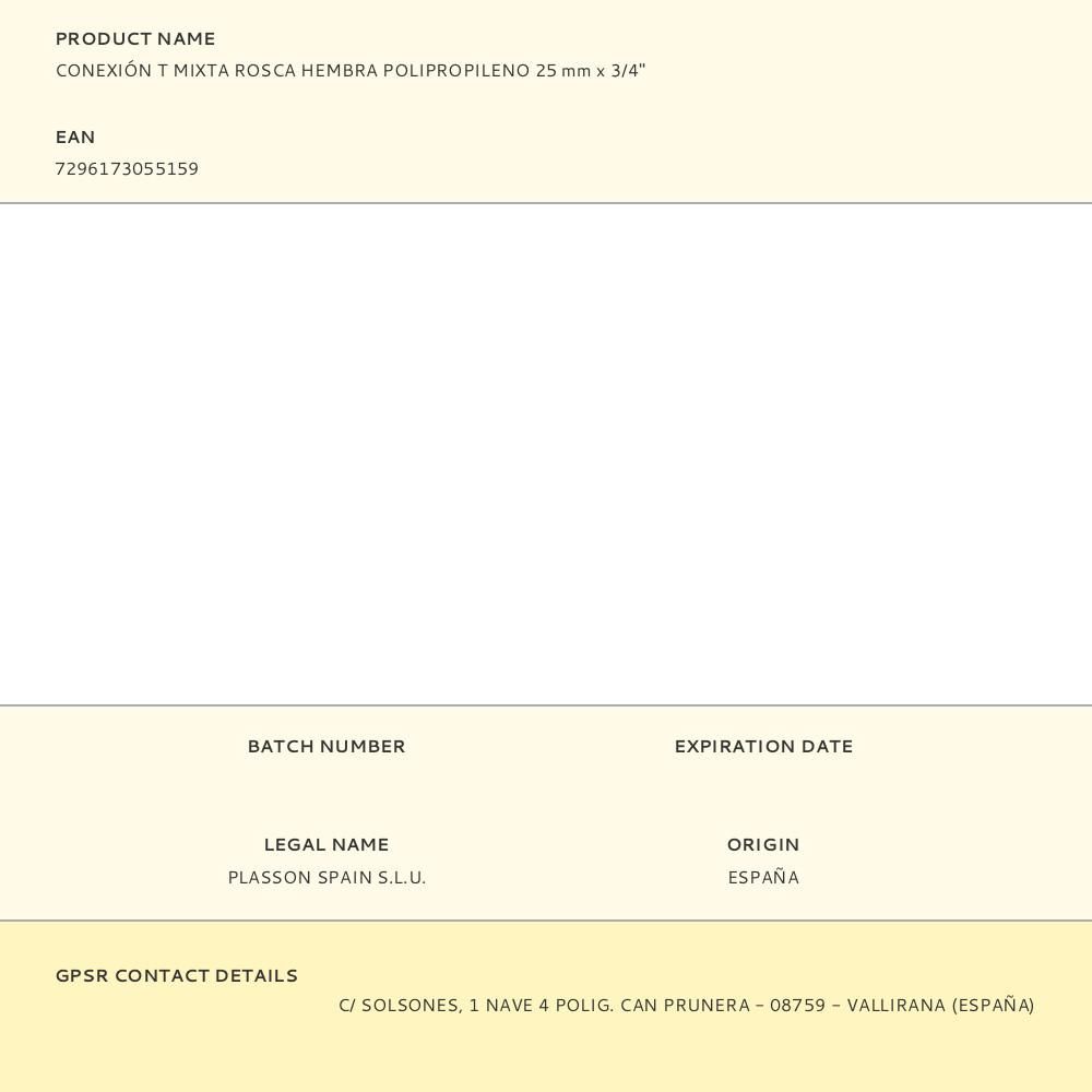 CONEXIÓN T MIXTA POLIPROPILENO ROSCA HEMBRA 25 mm x ¾ pulg gallery 0