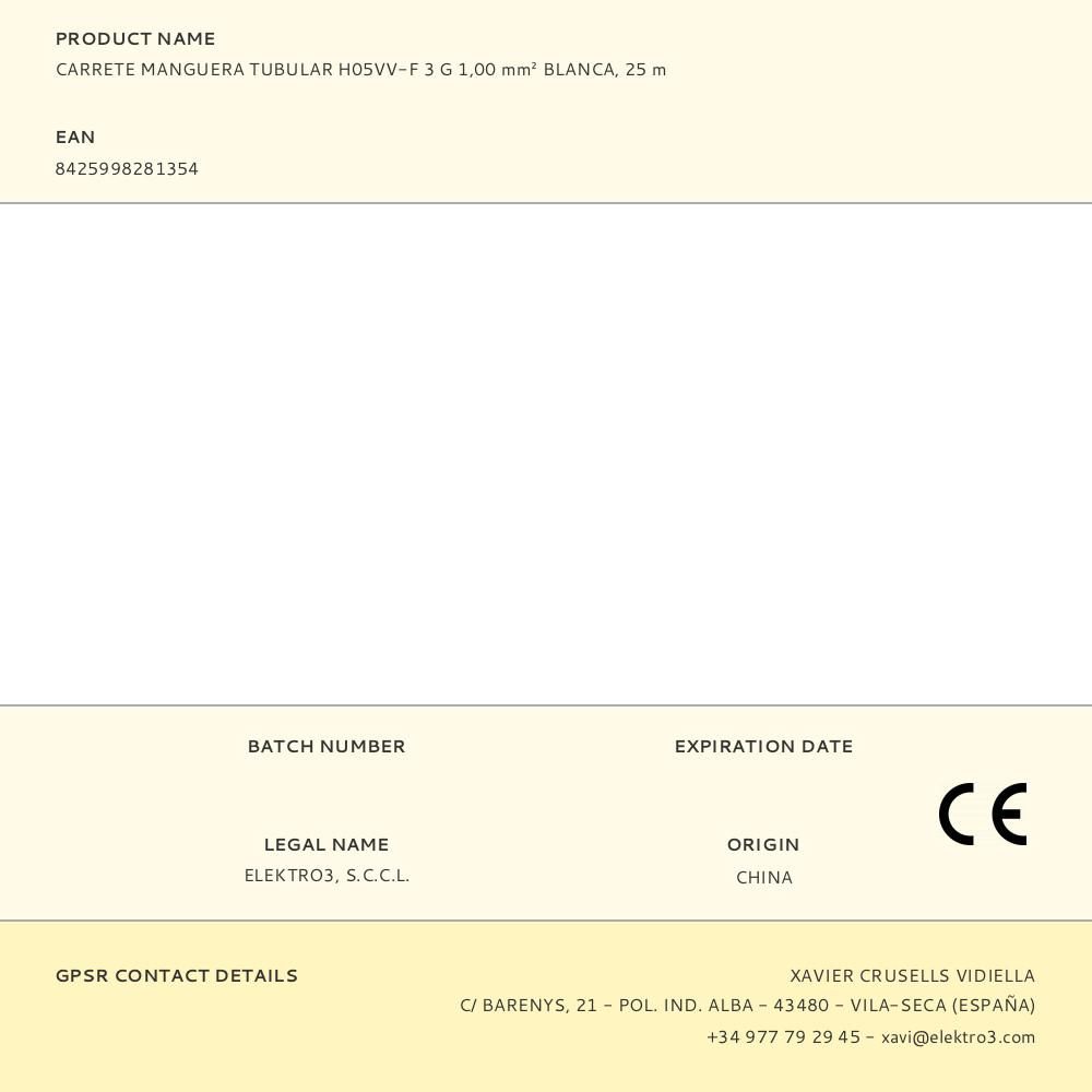 CARRETE MANGUERA TUBULAR H05VV-F 3 G 1,00 mm² BLANCA, 25 m gallery 0