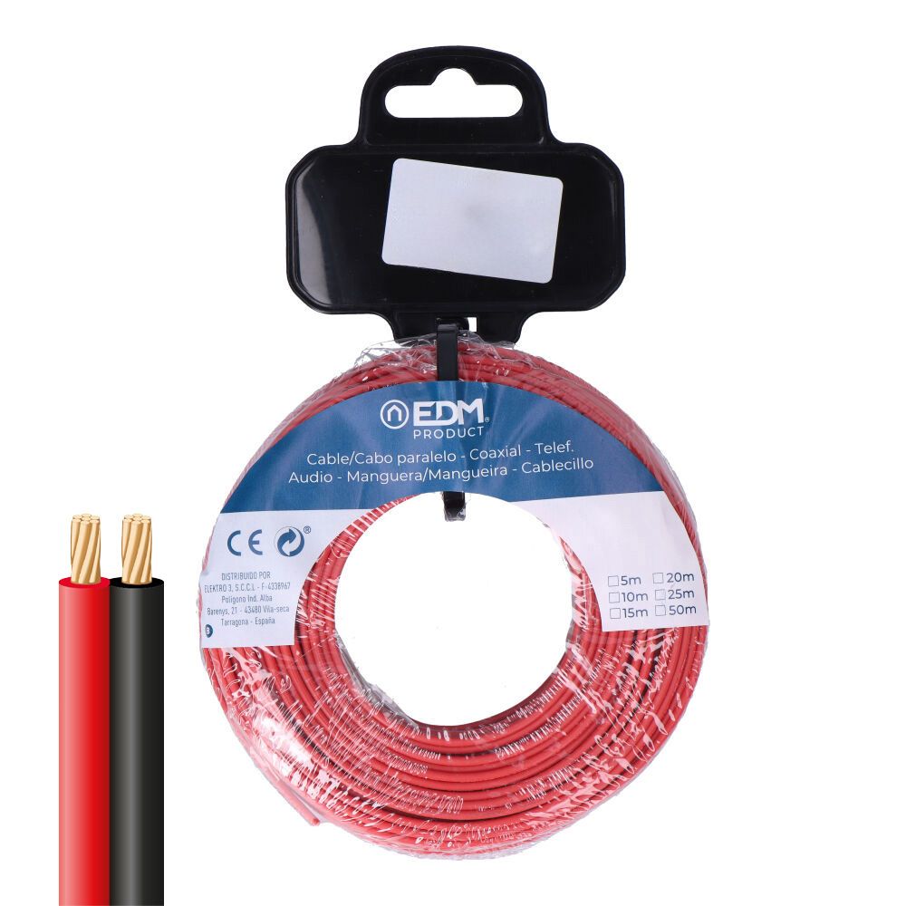 CARRETE CABLE PARALELO 2x1mm ROJO/NEGRO 20m.