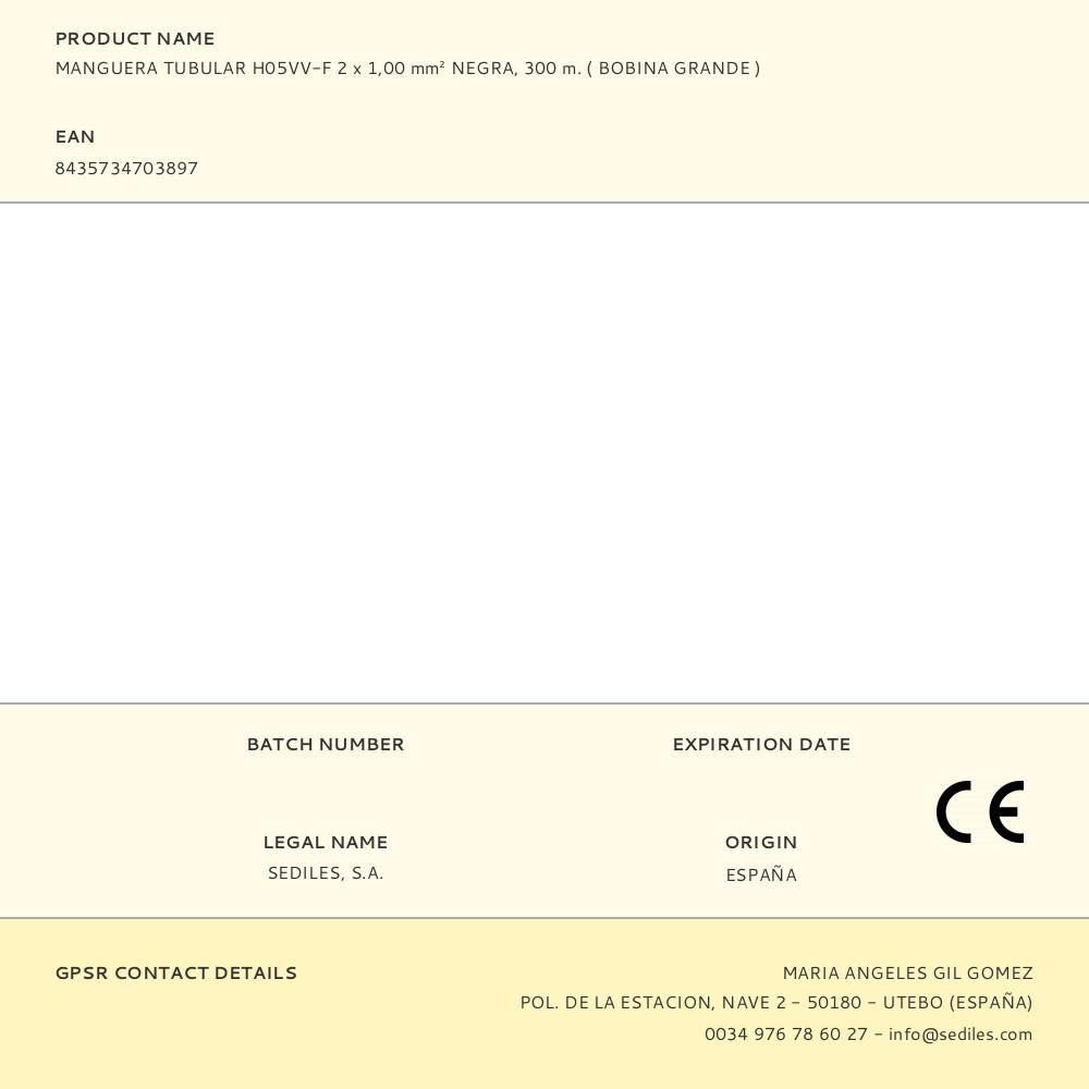 MANGUERA TUBULAR H05VV-F 2 x 1,00 mm² NEGRA, 300 m. ( BOBINA GRANDE ) gallery 0