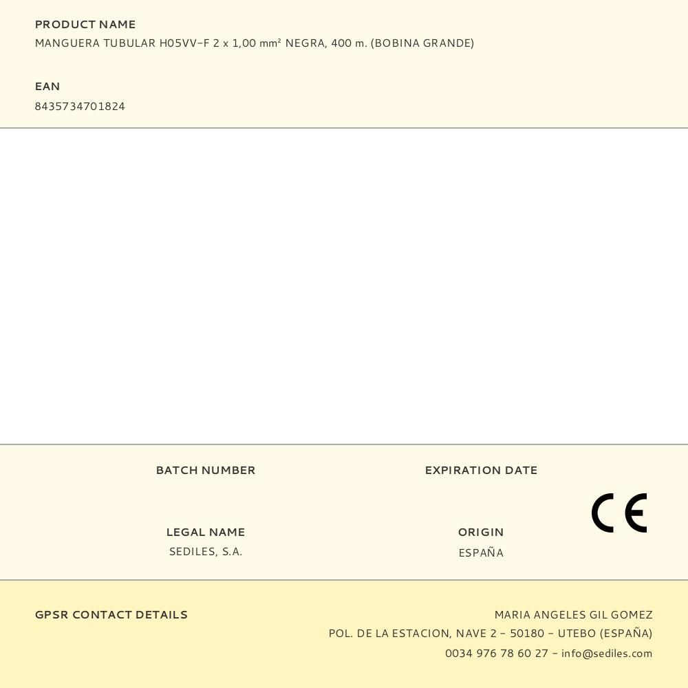 MANGUERA TUBULAR H05VV-F 2 x 1,00 mm² NEGRA, 400 m. (BOBINA GRANDE) gallery 0