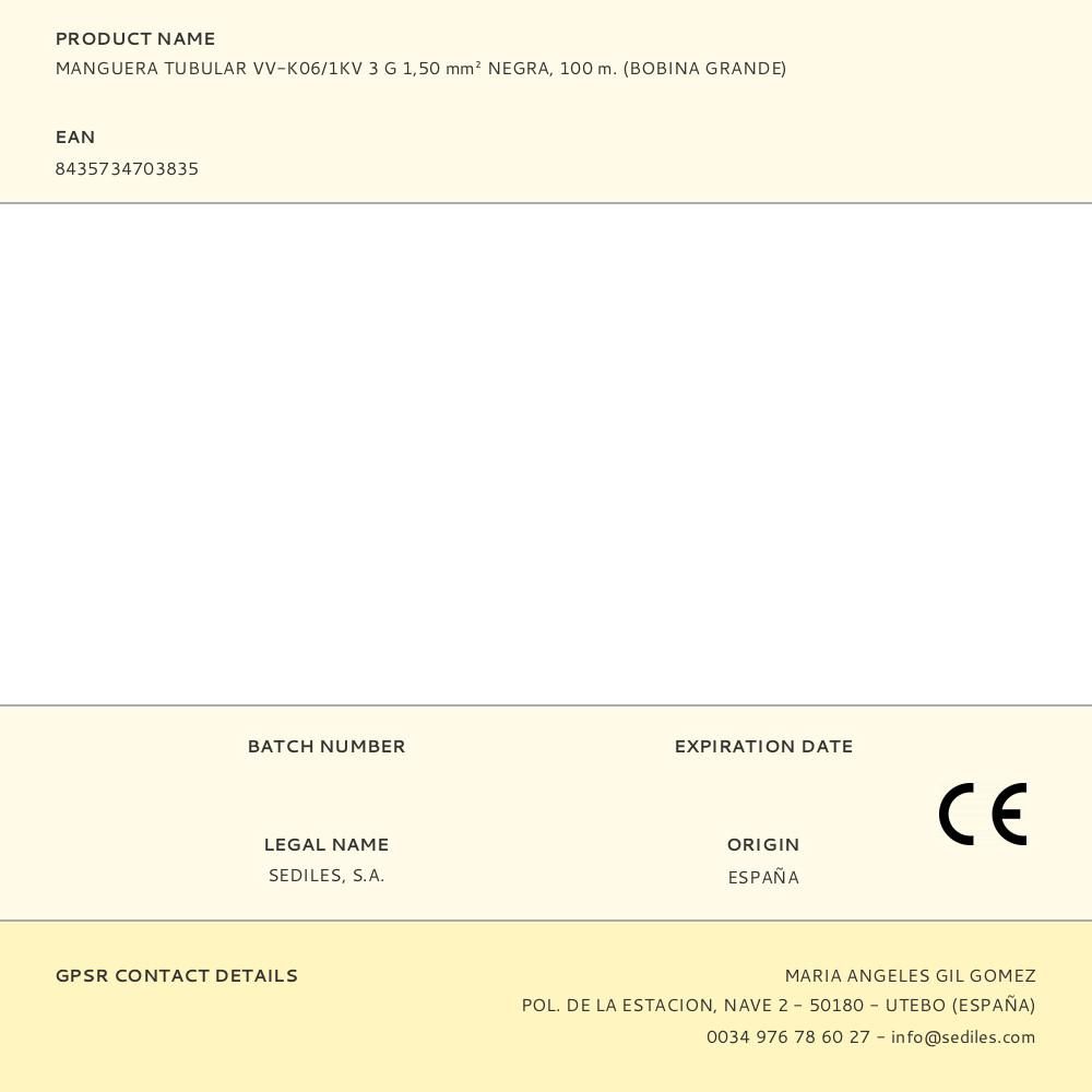 MANGUERA TUBULAR VV-K06/1KV 3 G 1,50 mm² NEGRA, 100 m. (BOBINA GRANDE) gallery 0