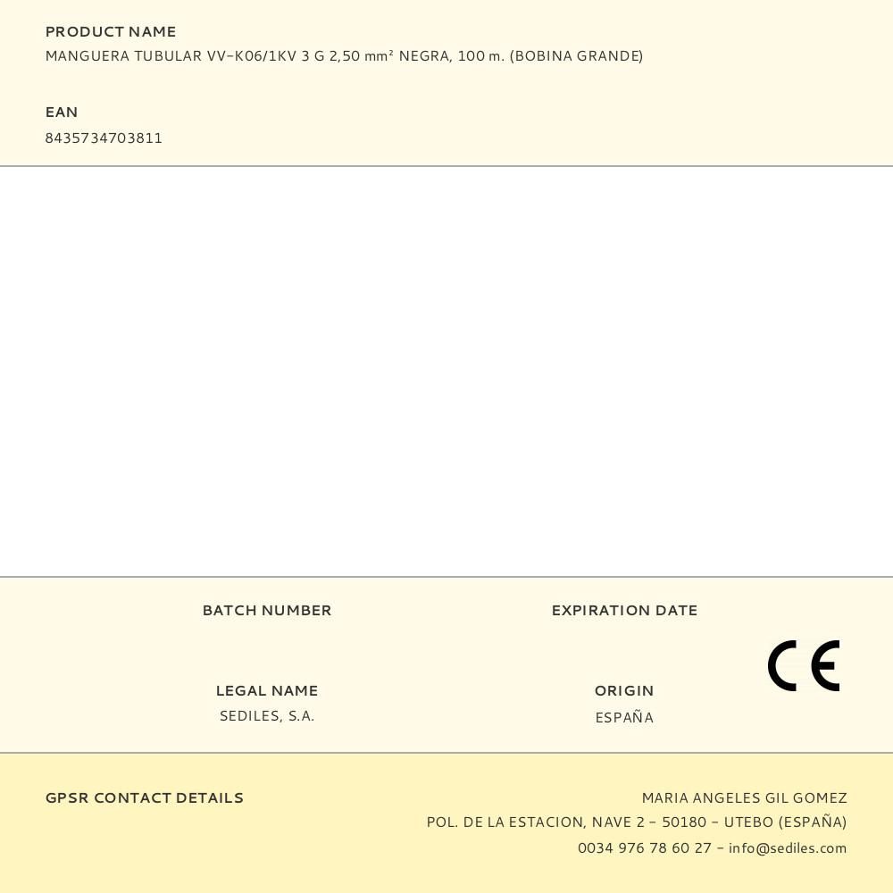 MANGUERA TUBULAR VV-K06/1KV 3 G 2,50 mm² NEGRA, 100 m. (BOBINA GRANDE) gallery 0