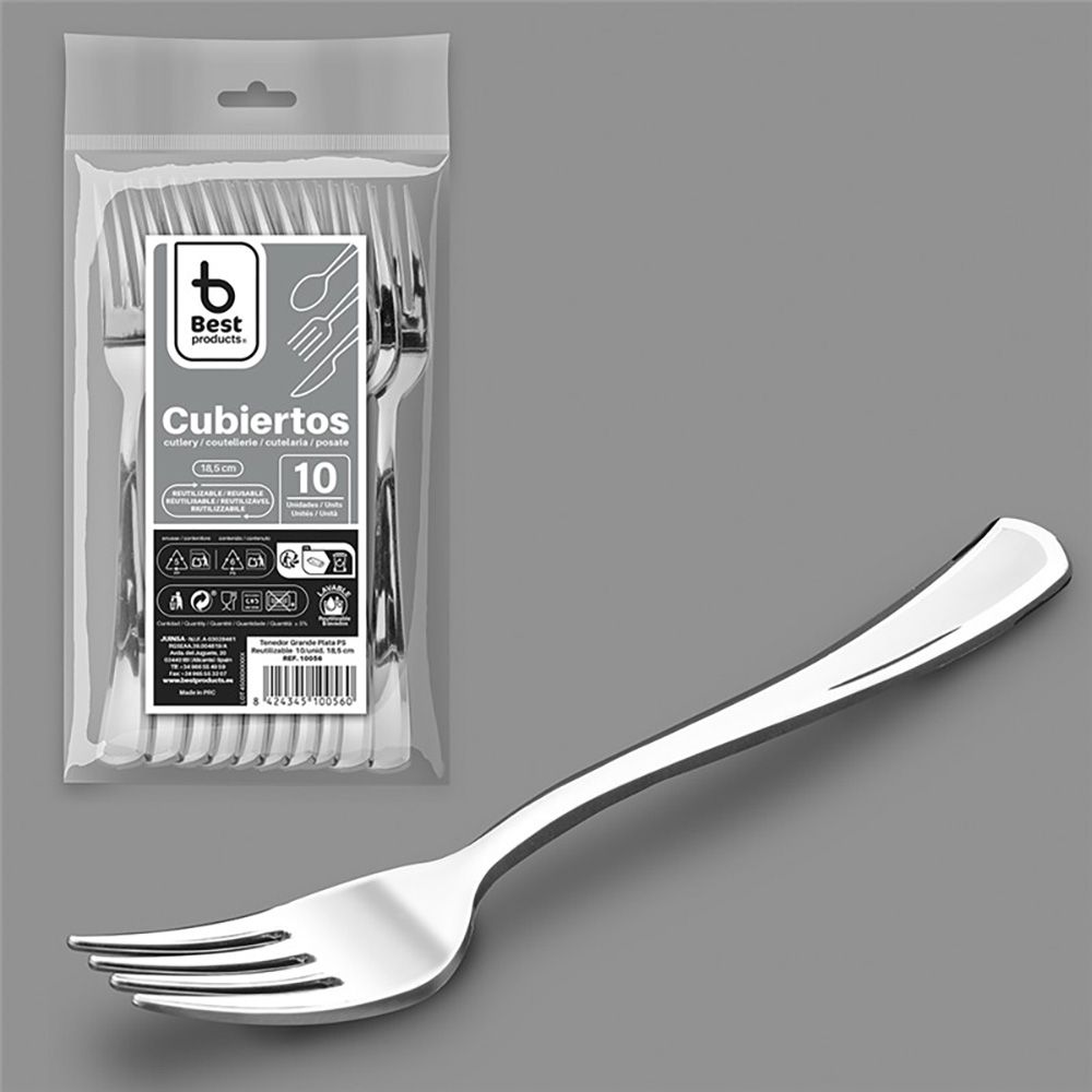 TENEDOR REUTILIZABLE COLOR PLATA 18,5 cm, 10 uds