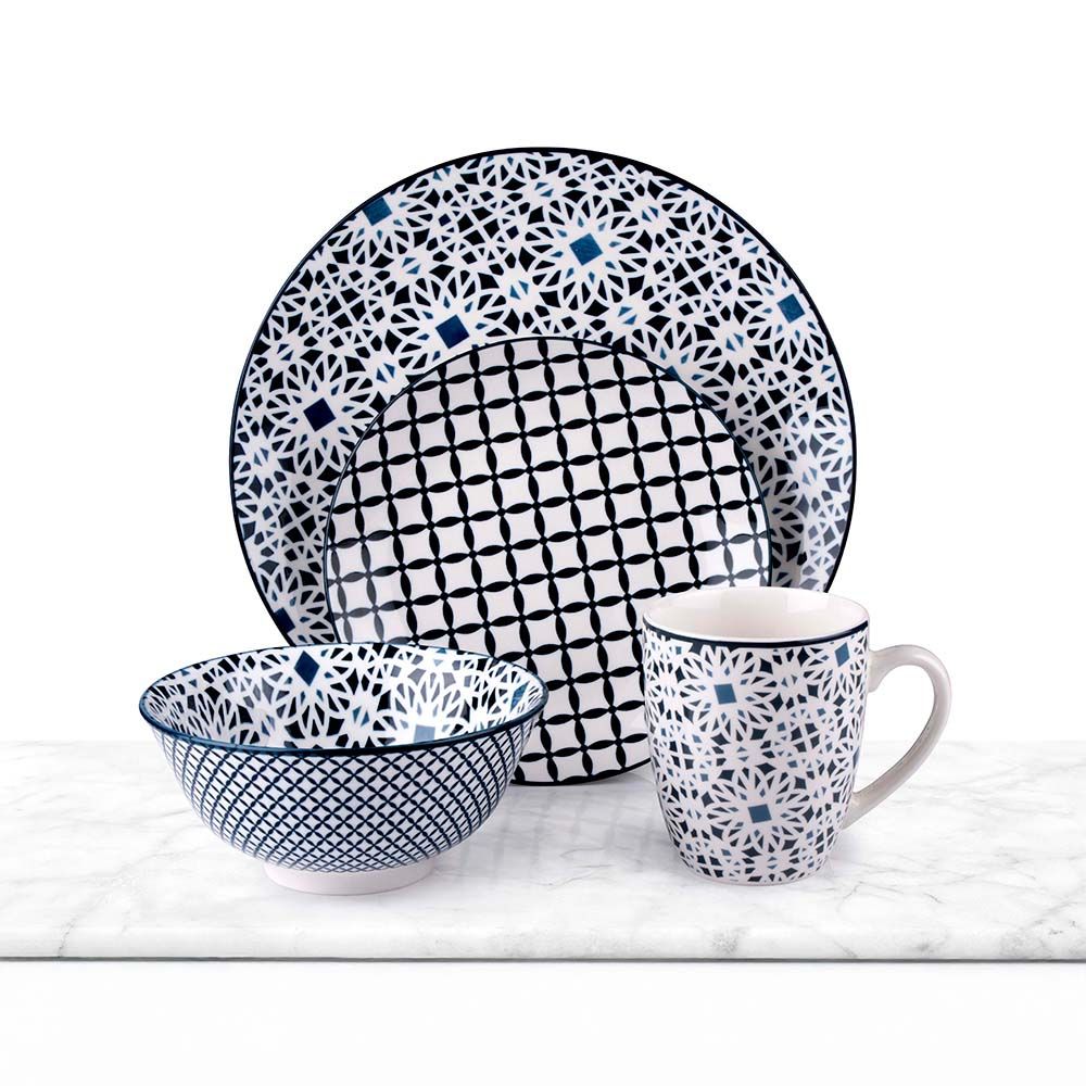 VAJILLA 16 PIEZAS ESTAMPADA, COLORES SURTIDOS