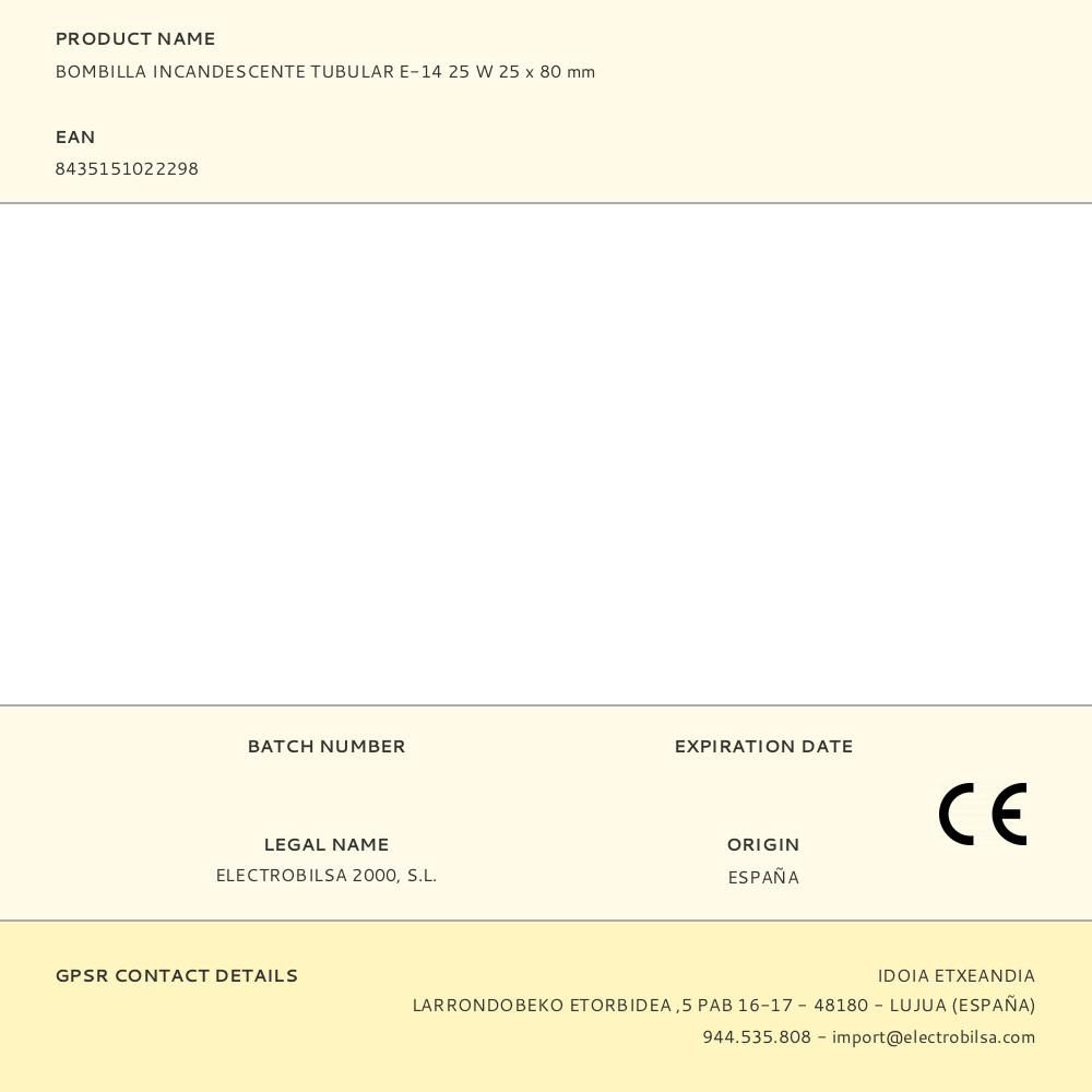 BOMBILLA INCANDESCENTE TUBULAR, E-14, 25 W, 25 x 80 mm gallery 0