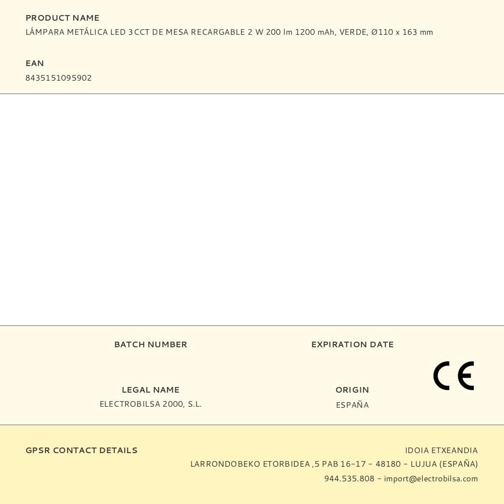 LÁMPARA METÁLICA LED 3CCT DE MESA RECARGABLE 2 W 200 lm, VERDE, Ø110 x 163 mm gallery 0