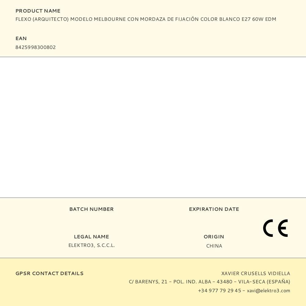 FLEXO (ARQUITECTO) MODELO MELBOURNE CON MORDAZA DE FIJACIÓN COLOR BLANCO E27 60W EDM gallery 2