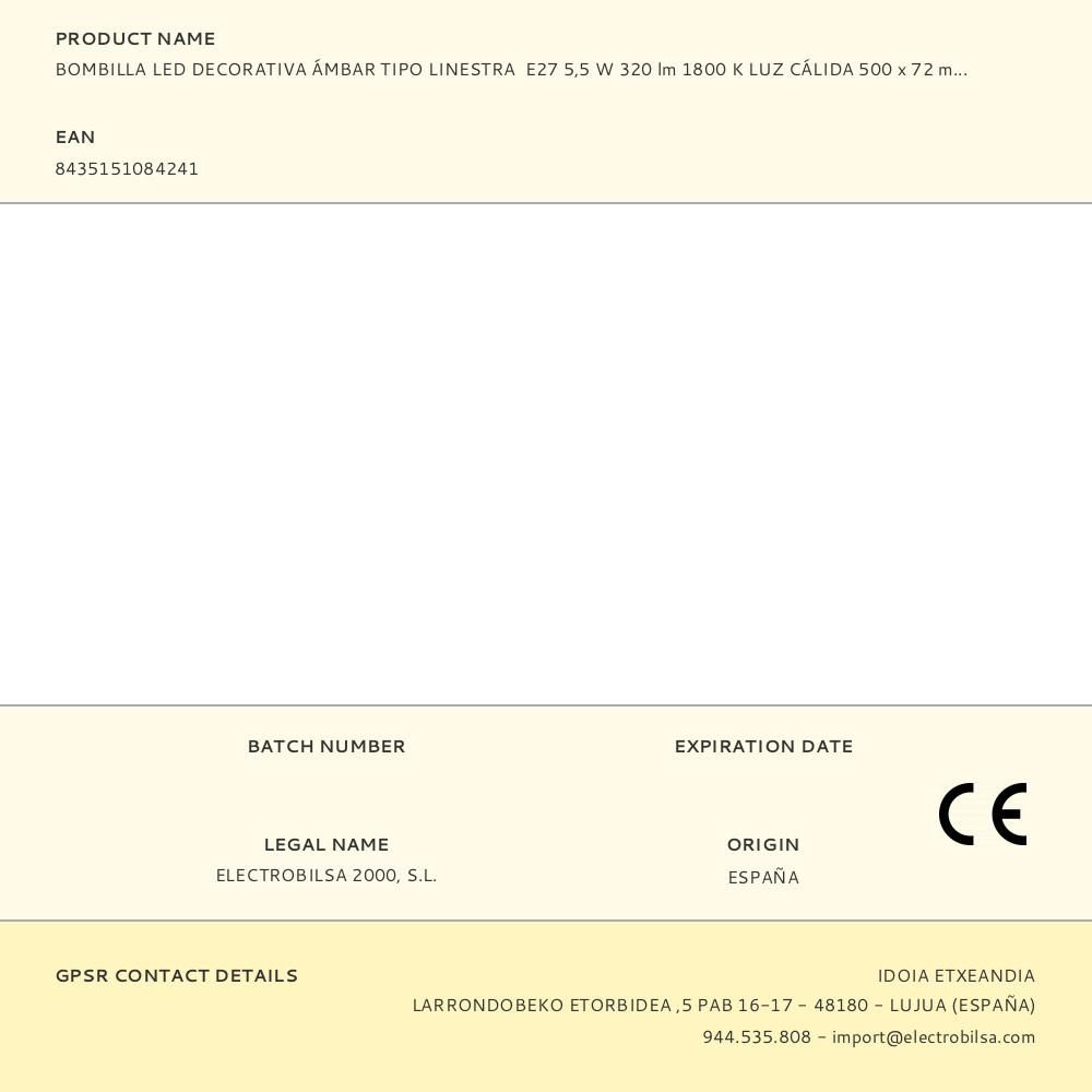 BOMBILLA LED DECORATIVA ÁMBAR TIPO LINESTRA, E27, 6 W, 360 lm, 1800 K, LUZ CÁLIDA, 500 x 72 mm gallery 0