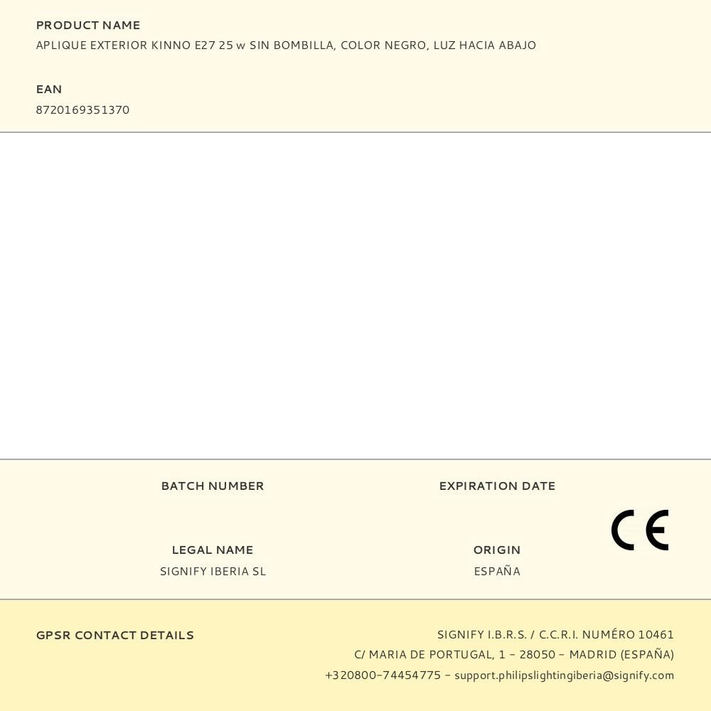 APLIQUE EXTERIOR KINNO E27 25 w SIN BOMBILLA, COLOR NEGRO, LUZ HACIA ABAJO gallery 1