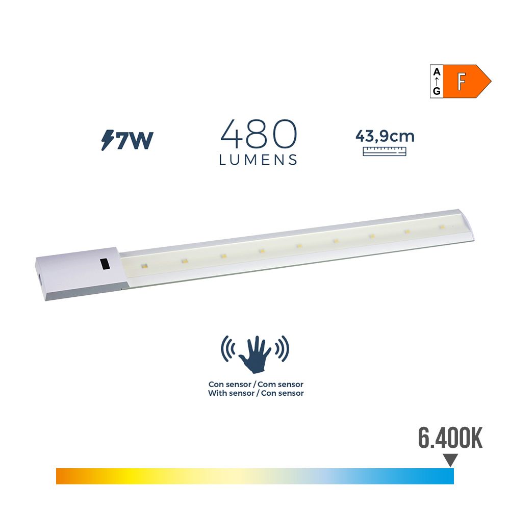 REGLETA LED CON SENSOR 7 w 480 lm 6500 k LUZ FRIA 43.9 x 5.5 cm