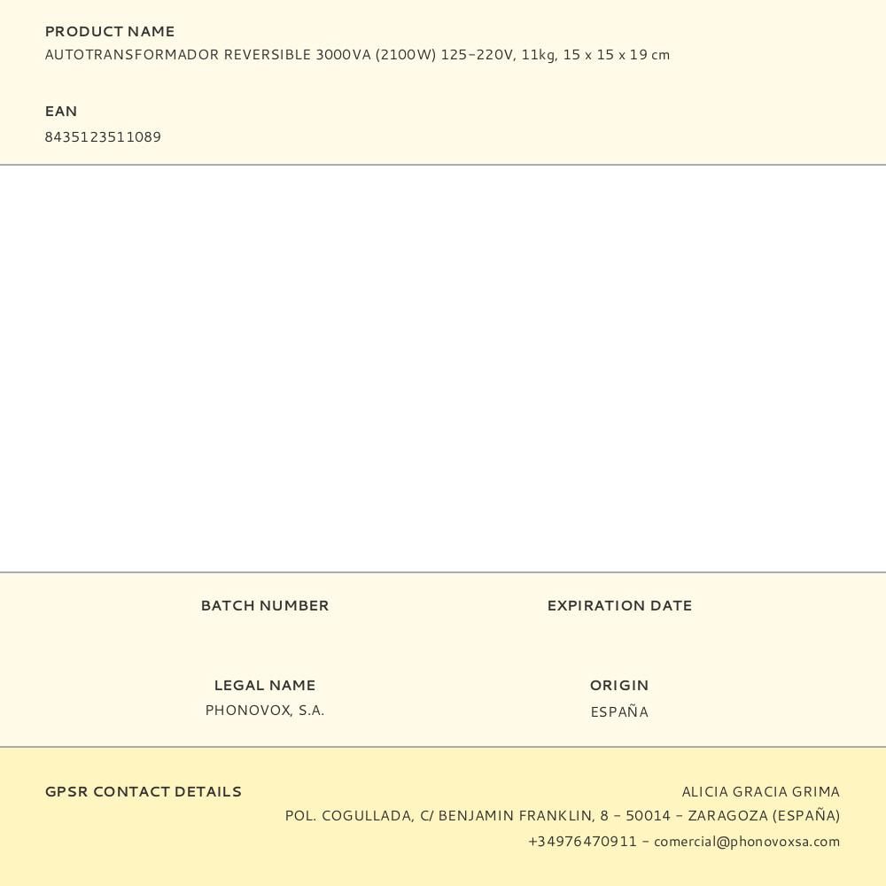 AUTOTRANSFORMADOR REVERSIBLE 3000VA (2100W) 125-220V, 11kg, 15 x 15 x 19 cm gallery 0