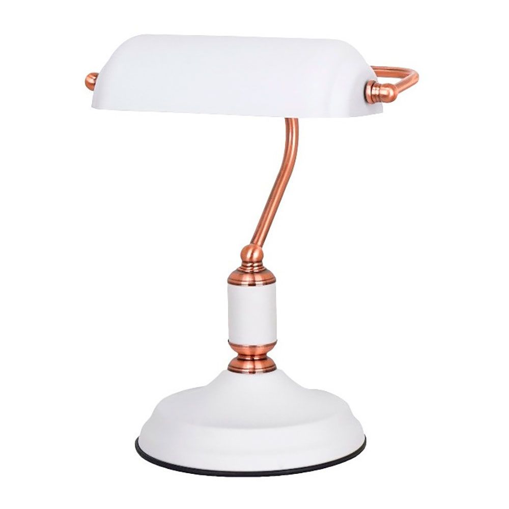 LÁMPARA DE MESA, E27, TIPO BANQUERO, BLANCA+COBRE - BASE Ø185 mm - 260 x 195 x 345 mm
