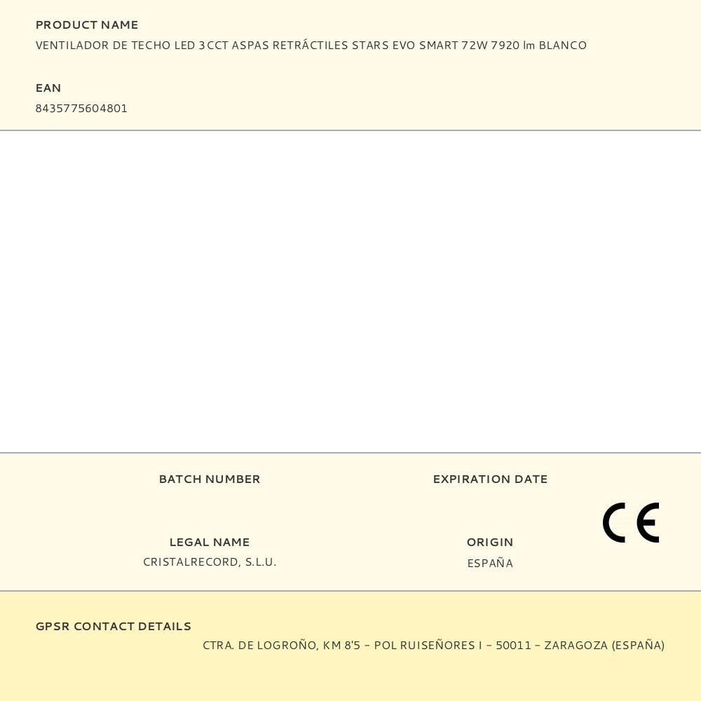 VENTILADOR DE TECHO LED 3CCT ASPAS RETRÁCTILES STARS EVO SMART 72 W 7920 lm BLANCO, ASPAS Ø106 cm, PLAFÓN Ø48,5 cm, ALTURA 34 - 44 cm gallery 6