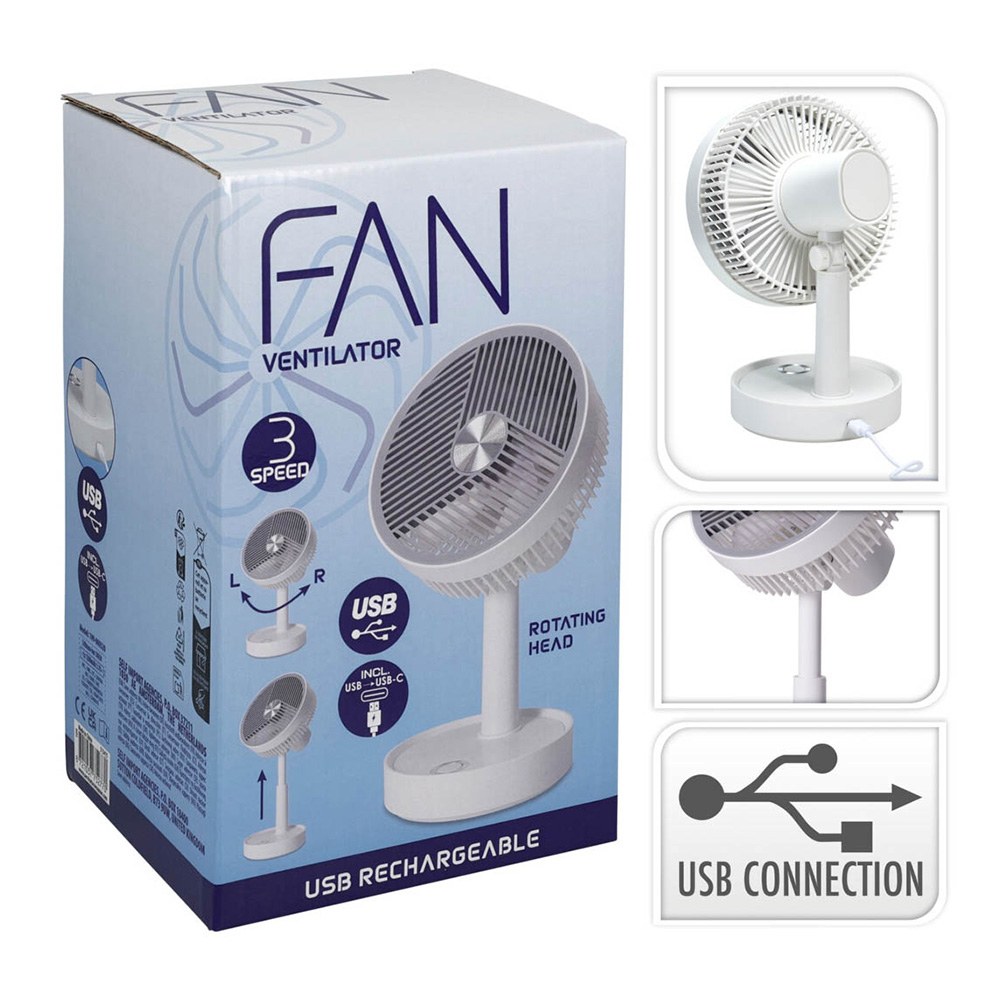 VENTILADOR DE SOBREMESA RECARGABLE BLANCO Y GRIS, 3 VELOCIDADES, Ø135 x 270 mm gallery 0
