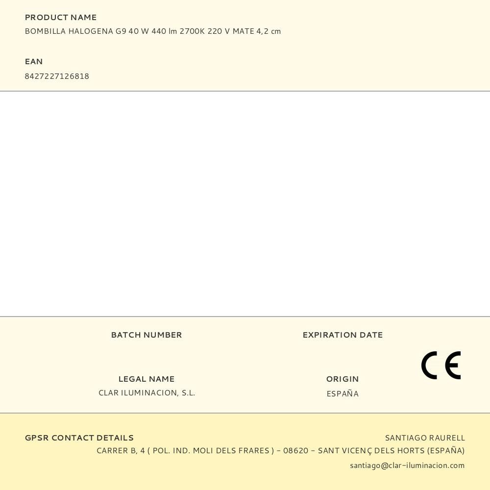 BOMBILLA HALOGENA G9 40 W 440 lm 2700K 220 V MATE 4,2 cm gallery 0