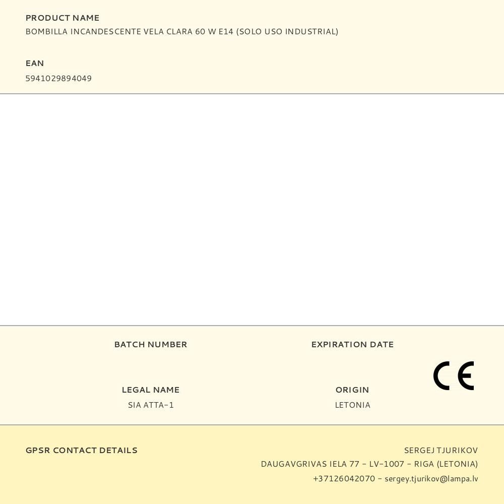 BOMBILLA INCANDESCENTE VELA CLARA 60 W E14 (SOLO USO INDUSTRIAL) gallery 0