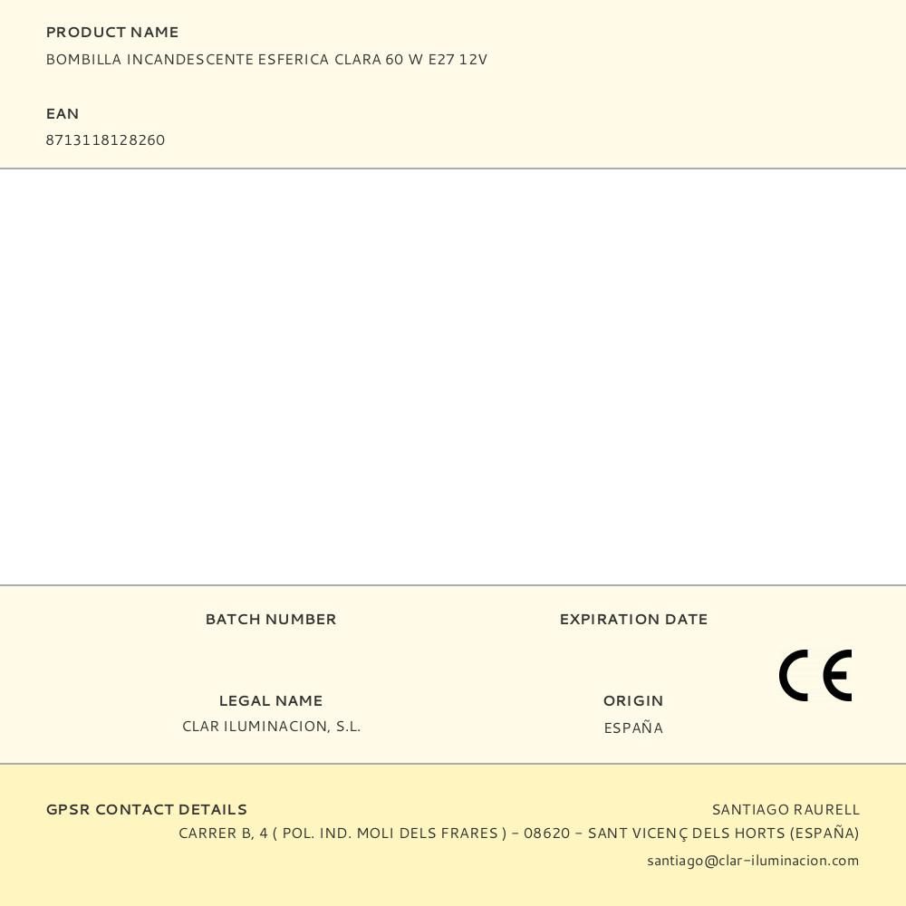 BOMBILLA INCANDESCENTE ESFERICA CLARA 60 W E27 12V gallery 0