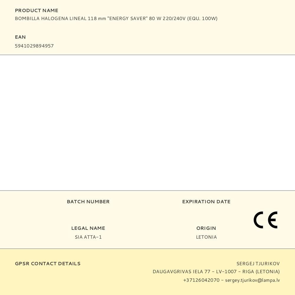BOMBILLA HALOGENA LINEAL 118 mm ENERGY SAVER 80 W 220/240V, EQU. 100 W gallery 0