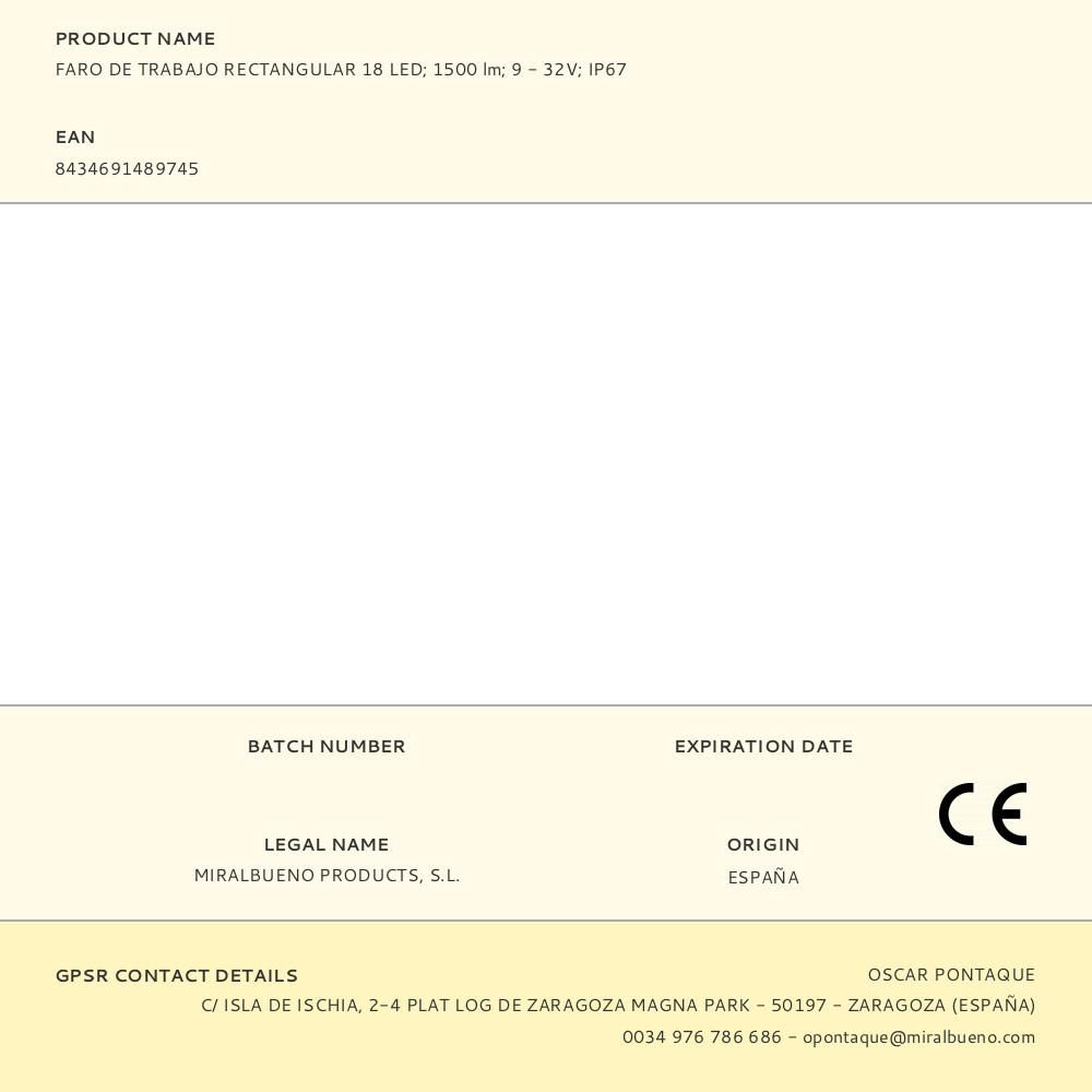 FARO DE TRABAJO RECTANGULAR 18 LEDS - 1500 lm - 9 - 32 V - IP67 gallery 0