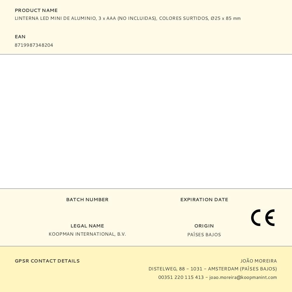 LINTERNA LED MINI DE ALUMINIO, 3 x AAA (NO INCLUIDAS), COLORES SURTIDOS, Ø25 x 85 mm gallery 0