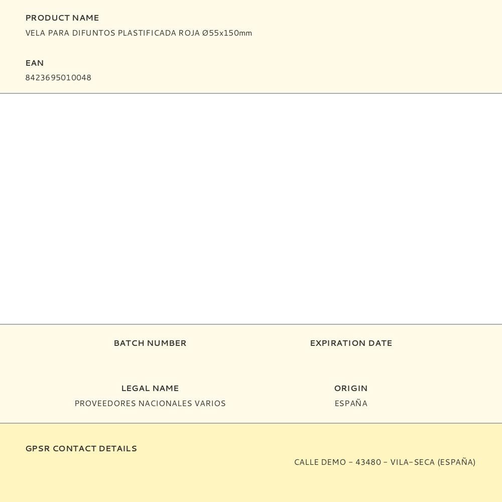 VELA PARA DIFUNTOS PLASTIFICADA ROJA Ø55x150mm gallery 0