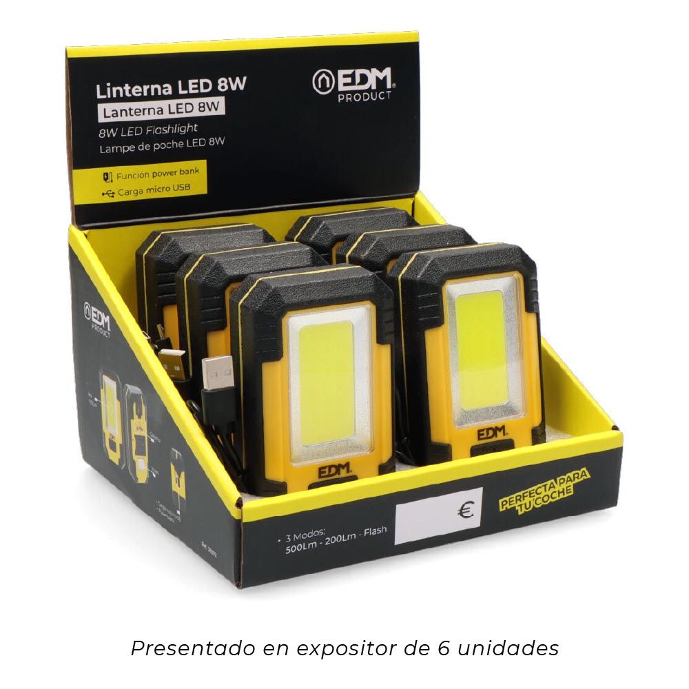 LINTERNA LED 8W COB 450lm /130lm / FLASH 6.500K RECARGABLE CON USB. FUNCION POWER BANK. INCLUYE CABLE DE CARGA. gallery 3