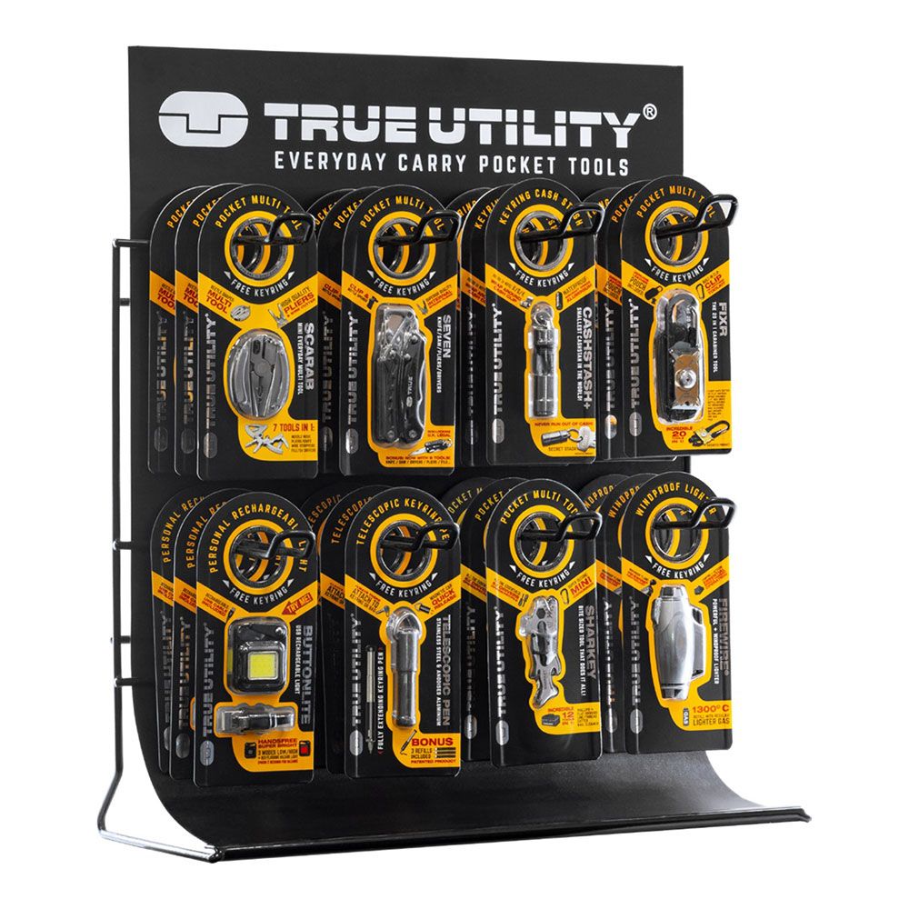 EXPOSITOR 8 GANCHOS TRUE, METALICO NEGRO, CON 8 REFERENCIAS, 3 UNIDADES DE CADA UNA, TOTAL 24 UNIDADES, 41 x 20 x 45 cm