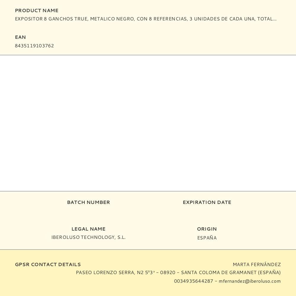 EXPOSITOR 8 GANCHOS TRUE, METALICO NEGRO, CON 8 REFERENCIAS, 3 UNIDADES DE CADA UNA, TOTAL 24 UNIDADES, 41 x 20 x 45 cm gallery 0