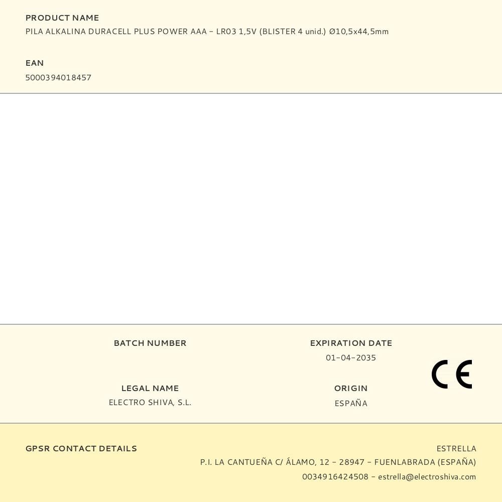 PILA ALKALINA DURACELL PLUS POWER AAA - LR03 1,5V (BLISTER 4 unid.) Ø10,5x44,5mm gallery 0