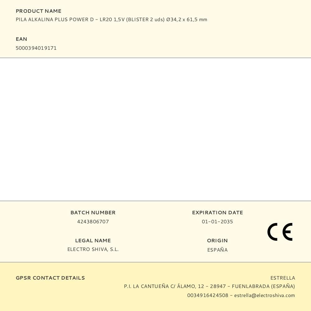 PILA ALKALINA PLUS POWER D - LR20 1,5V (BLISTER 2 uds) Ø34,2 x 61,5 mm gallery 0