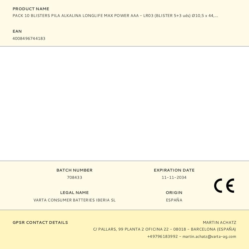 PACK 10 BLISTERS PILA ALKALINA LONGLIFE MAX POWER AAA - LR03 (BLISTER 5+3 uds) Ø10,5 x 44,5 mm gallery 0