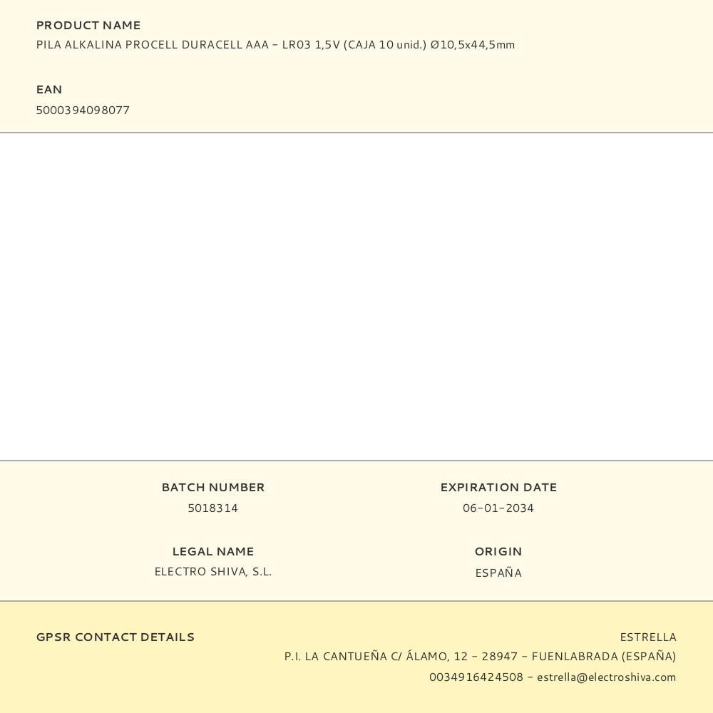 PILA ALKALINA PROCELL DURACELL AAA - LR03 1,5V (CAJA 10 unid.) Ø10,5x44,5mm gallery 0