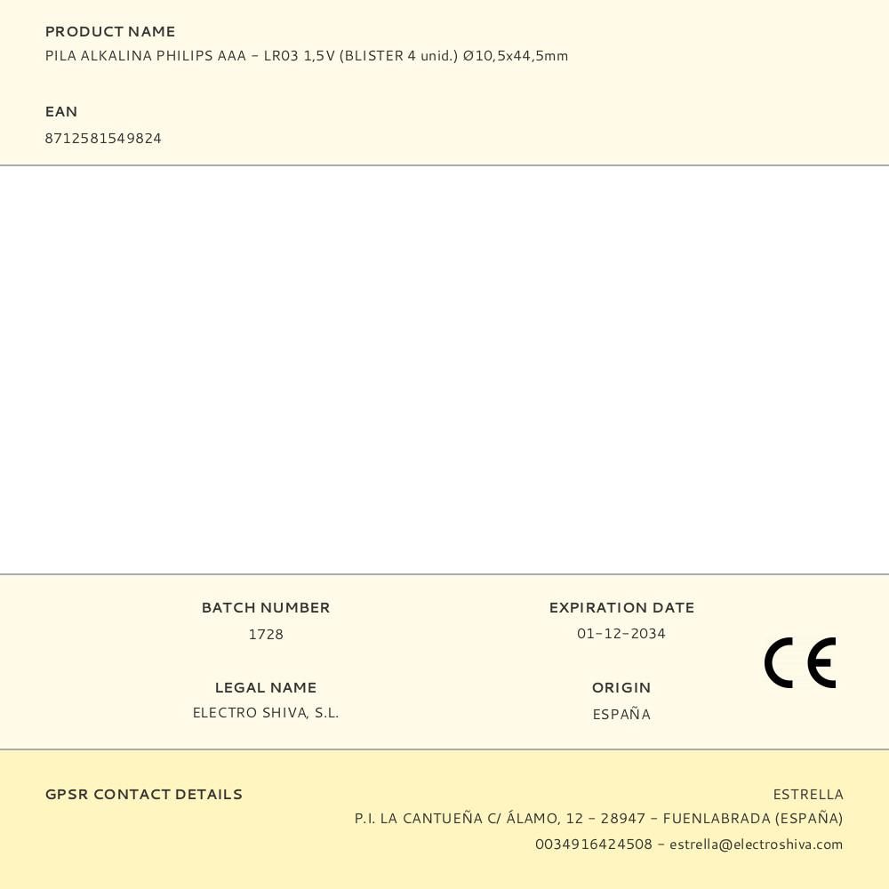 PILA ALKALINA PHILIPS AAA - LR03 1,5V (BLISTER 4 unid.) Ø10,5x44,5mm gallery 0