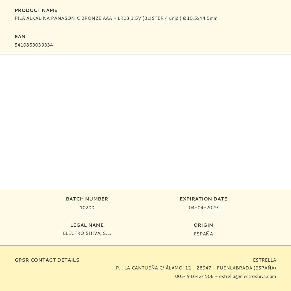 PILA ALKALINA PANASONIC BRONZE AAA - LR03 1,5V (BLISTER 4 unid.) Ø10,5x44,5mm gallery 0