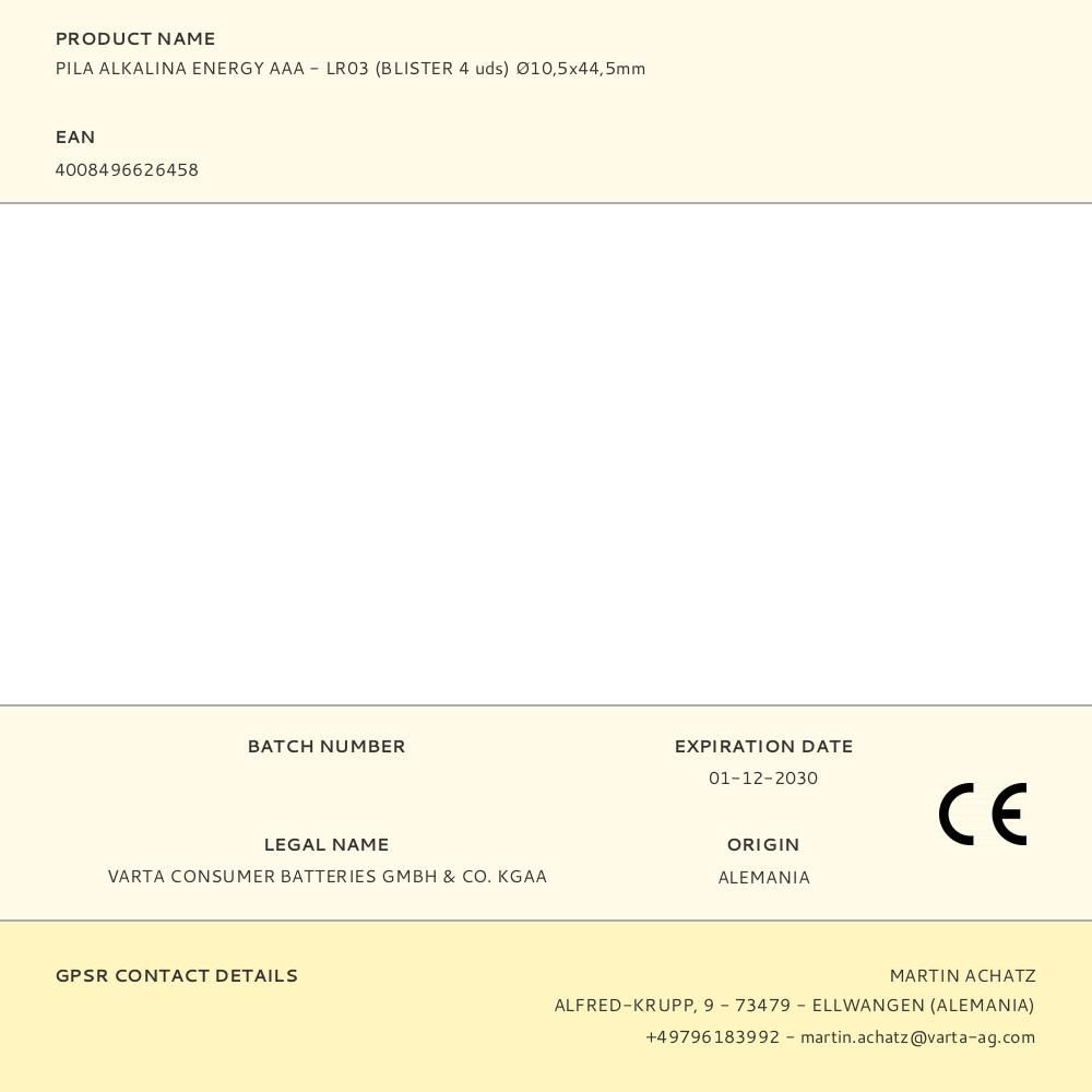 PILA ALKALINA ENERGY AAA - LR03 (BLISTER 4 uds) Ø10,5x44,5mm gallery 0