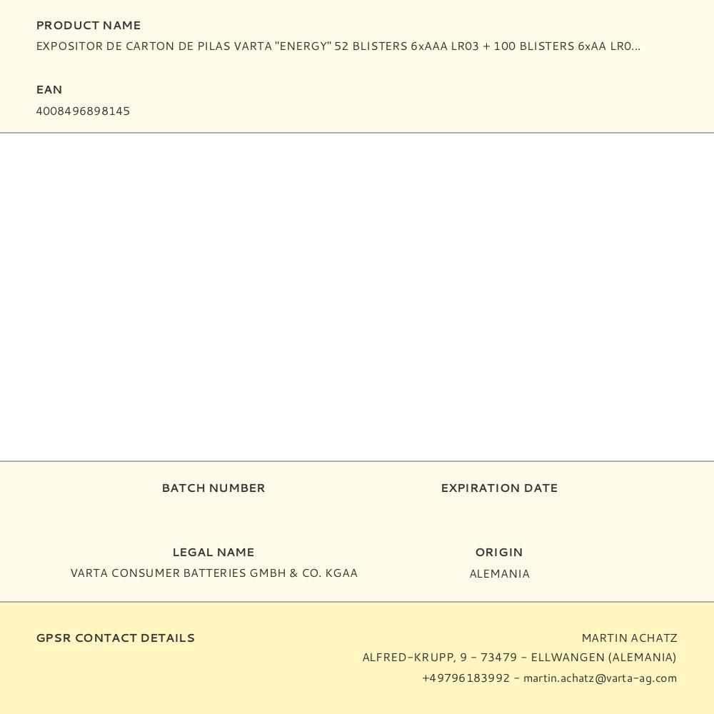 EXPOSITOR DE CARTON DE PILAS VARTA "ENERGY" 52 BLISTERS 6xAAA LR03 + 100 BLISTERS 6xAA LR06 VARTA 40x40x148cm gallery 0