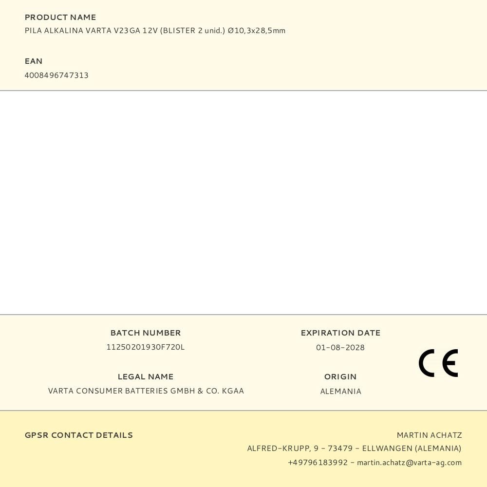 PILA ALKALINA VARTA V23GA 12V (BLISTER 2 unid.) Ø10,3x28,5mm gallery 0